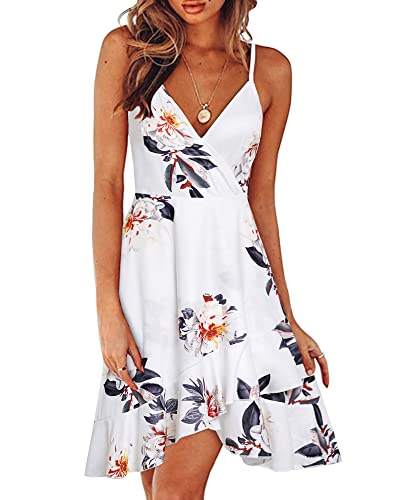 ULTRANICE Womens Summer Dresses Floral V Neck Ruffled Hem Spaghetti Spring Casual Beach Outfits Flowy Wrap Sun Dress