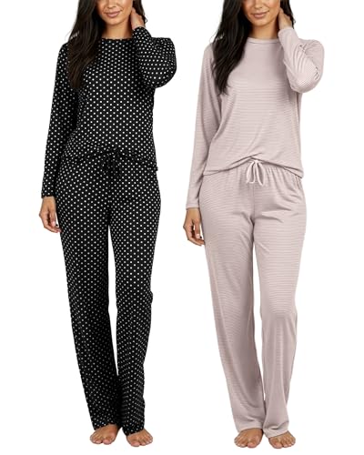 Real Essentials 2 Pack: Women's Comfy Pajama Sets - Short & Long Sleeve Ladies Loungewear Sleepwear PJs (Available In Plus)