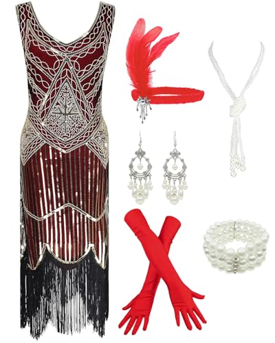 1920s Gatsby Sequin Fringed Paisley Flapper Dress with 20s Accessories Set