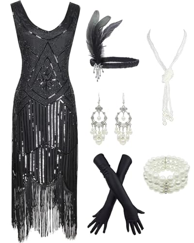 1920s Gatsby Sequin Fringed Paisley Flapper Dress with 20s Accessories Set