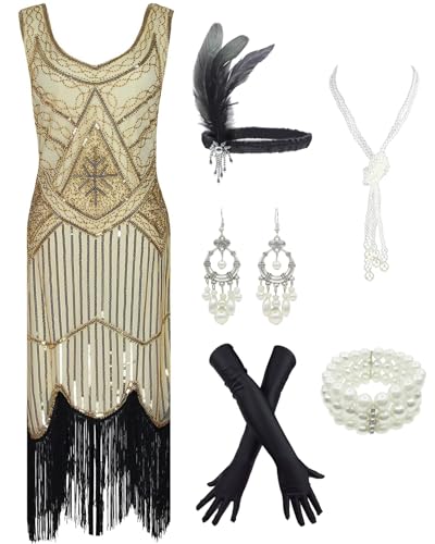 1920s Gatsby Sequin Fringed Paisley Flapper Dress with 20s Accessories Set