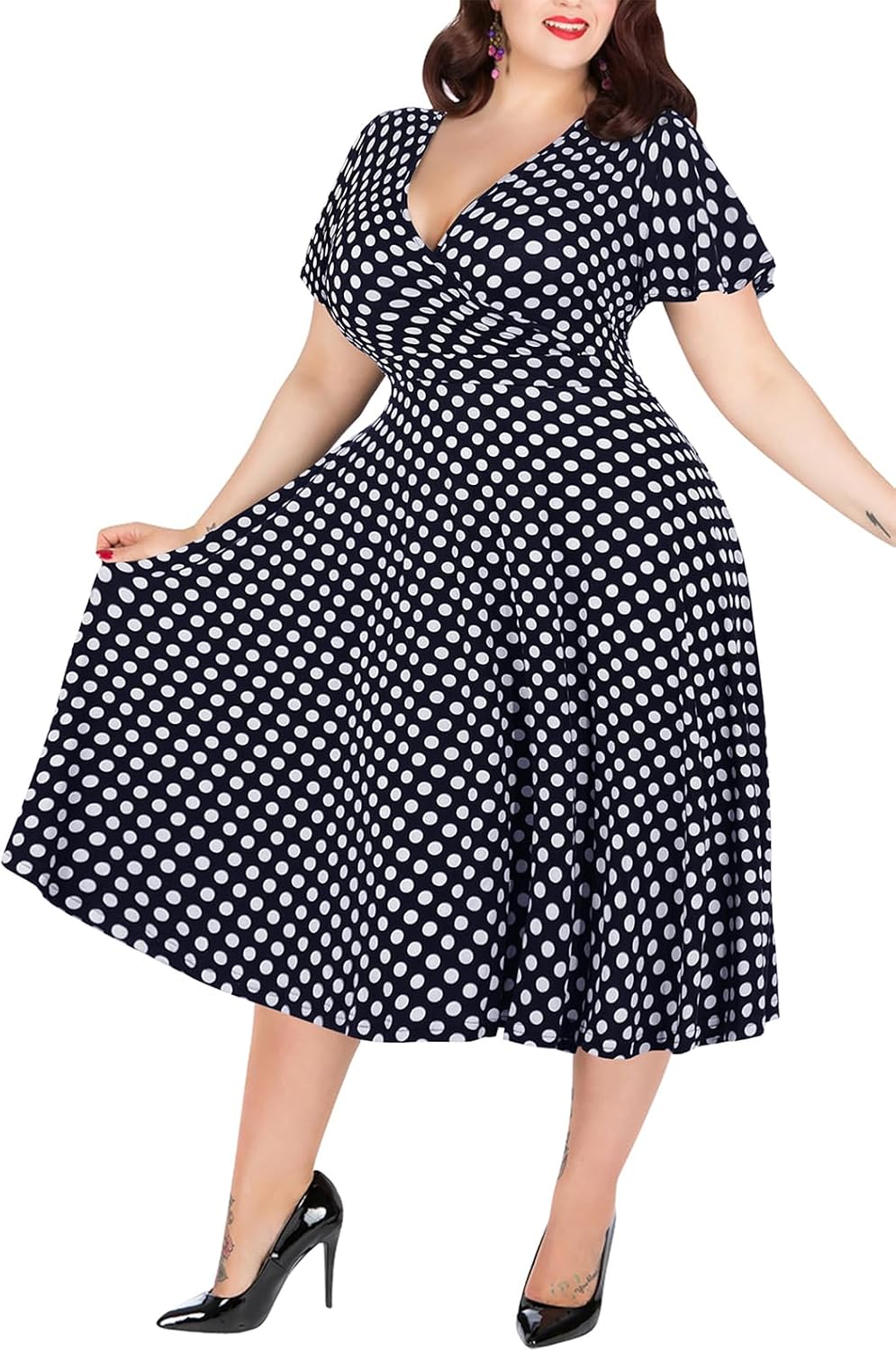 Nemidor Plus Size Dresses for Curvy Women Casual Summer V Neck Short Sleeve Midi Cocktail Vintage Dress with Pocket