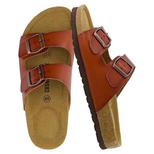 CUSHIONAIRE Lane Cork Footbed Sandals for Women Comfortable Double Buckle Slip-On with Genuine Suede Footbed & Arch Support Slides for Women Footwear