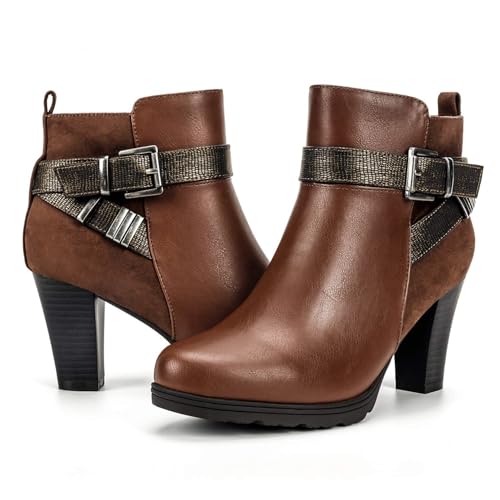mysoft Women's Zipper Booties Chunky Stacked Heel Ankle Boots Buckle Strap Ankle