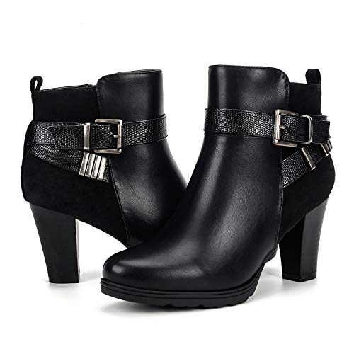 mysoft Women's Zipper Booties Chunky Stacked Heel Ankle Boots Buckle Strap Ankle