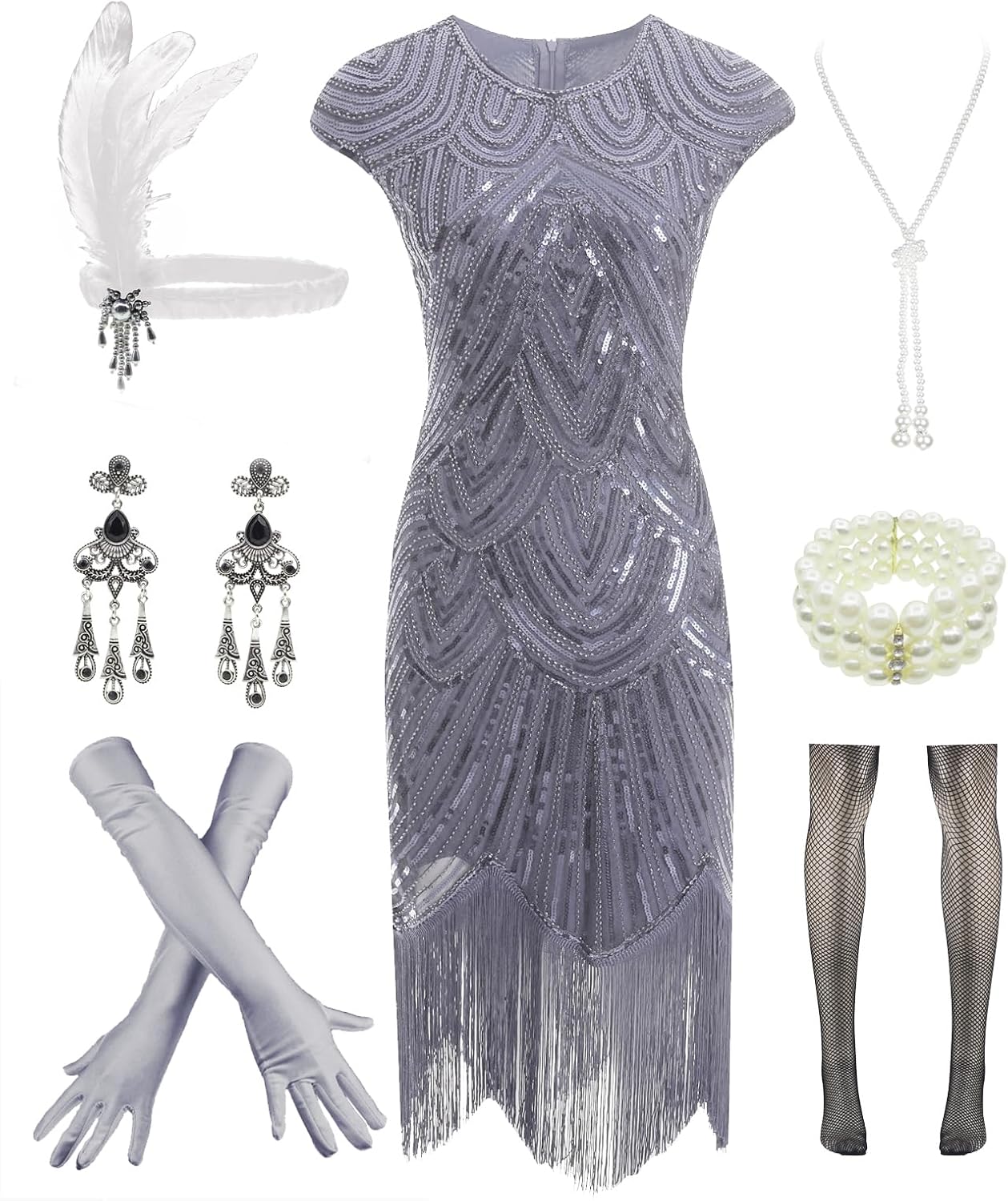 Letter Love Womens Vintage Lace Fringed Gatsby 1920s Cocktail Dress with 20s Accessories Set