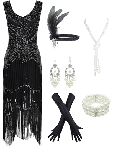1920s Gatsby Sequin Fringed Paisley Flapper Dress with 20s Accessories Set