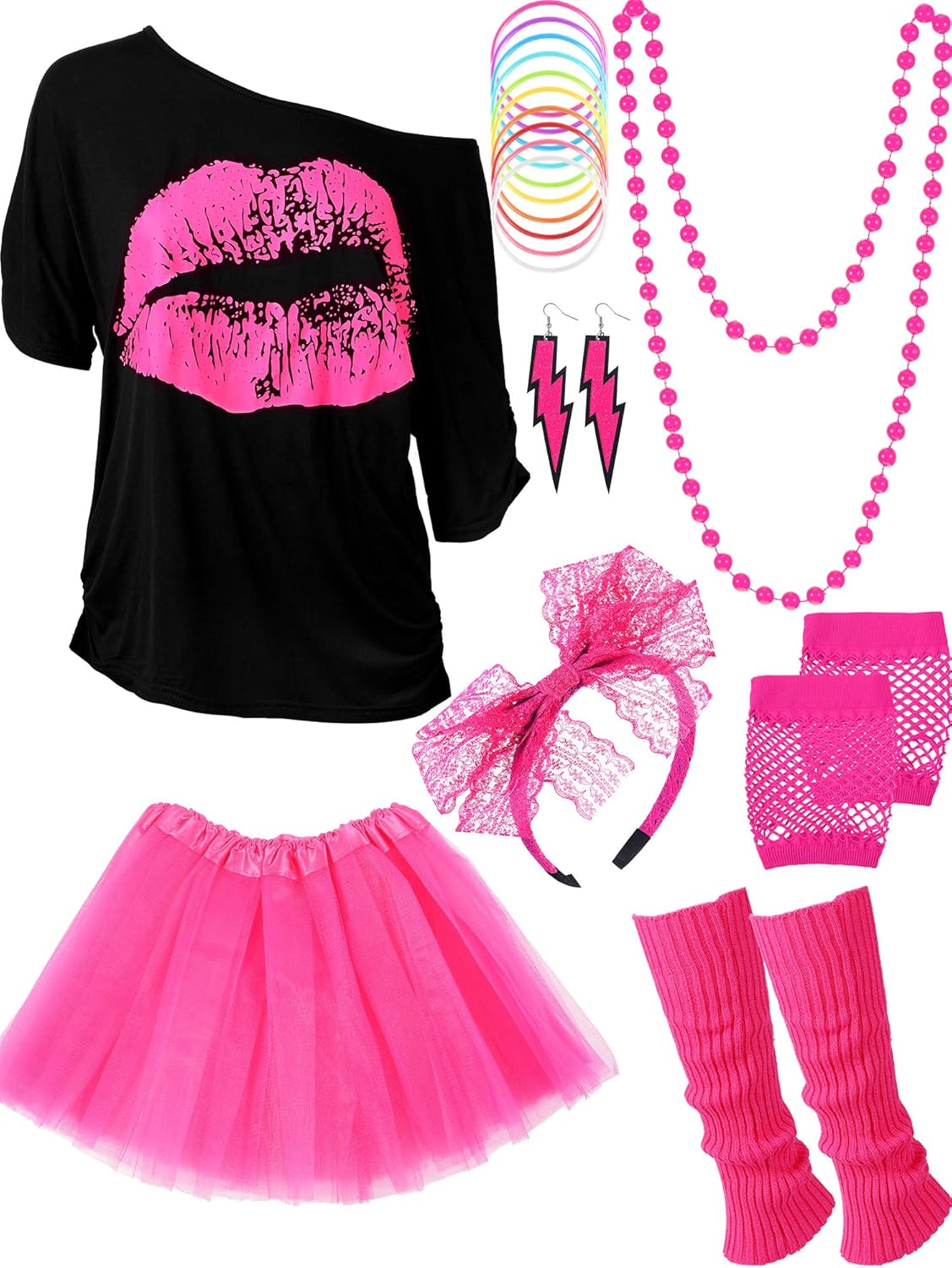 80s Outfit Costume Accessories for Women Neon T Shirt Tutu Skirt for Halloween