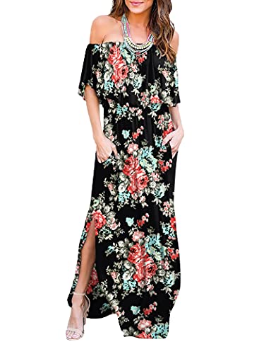 Womens Off The Shoulder Ruffle Party Dresses Side Split Beach Maxi Dress