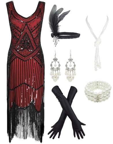 1920s Gatsby Sequin Fringed Paisley Flapper Dress with 20s Accessories Set