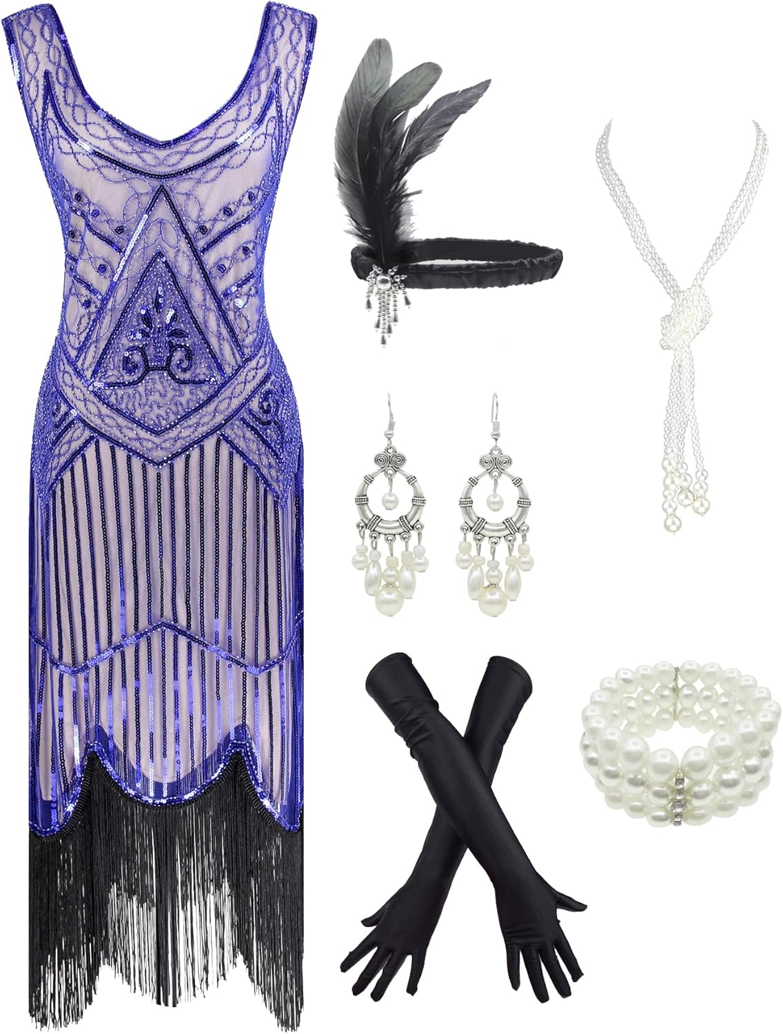 1920s Gatsby Sequin Fringed Paisley Flapper Dress with 20s Accessories Set