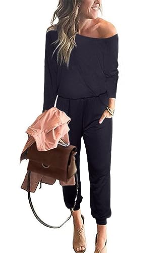 PRETTYGARDEN Jumpsuits for Women Dressy 2025 Fall Long Sleeve Off Shoulder Elastic Waist Rompers One Piece Travel Outfits