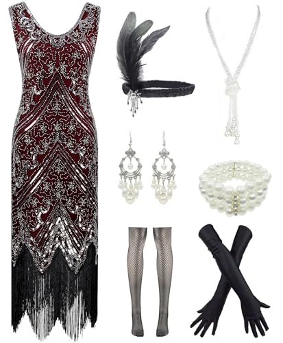 1920s Gatsby Sequin Fringed Paisley Flapper Dress with 20s Accessories Set