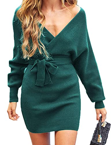 ZESICA Women's Fall Long Batwing Sleeve Wrap V Neck Knitted Backless Bodycon Pullover Sweater Dress with Belt