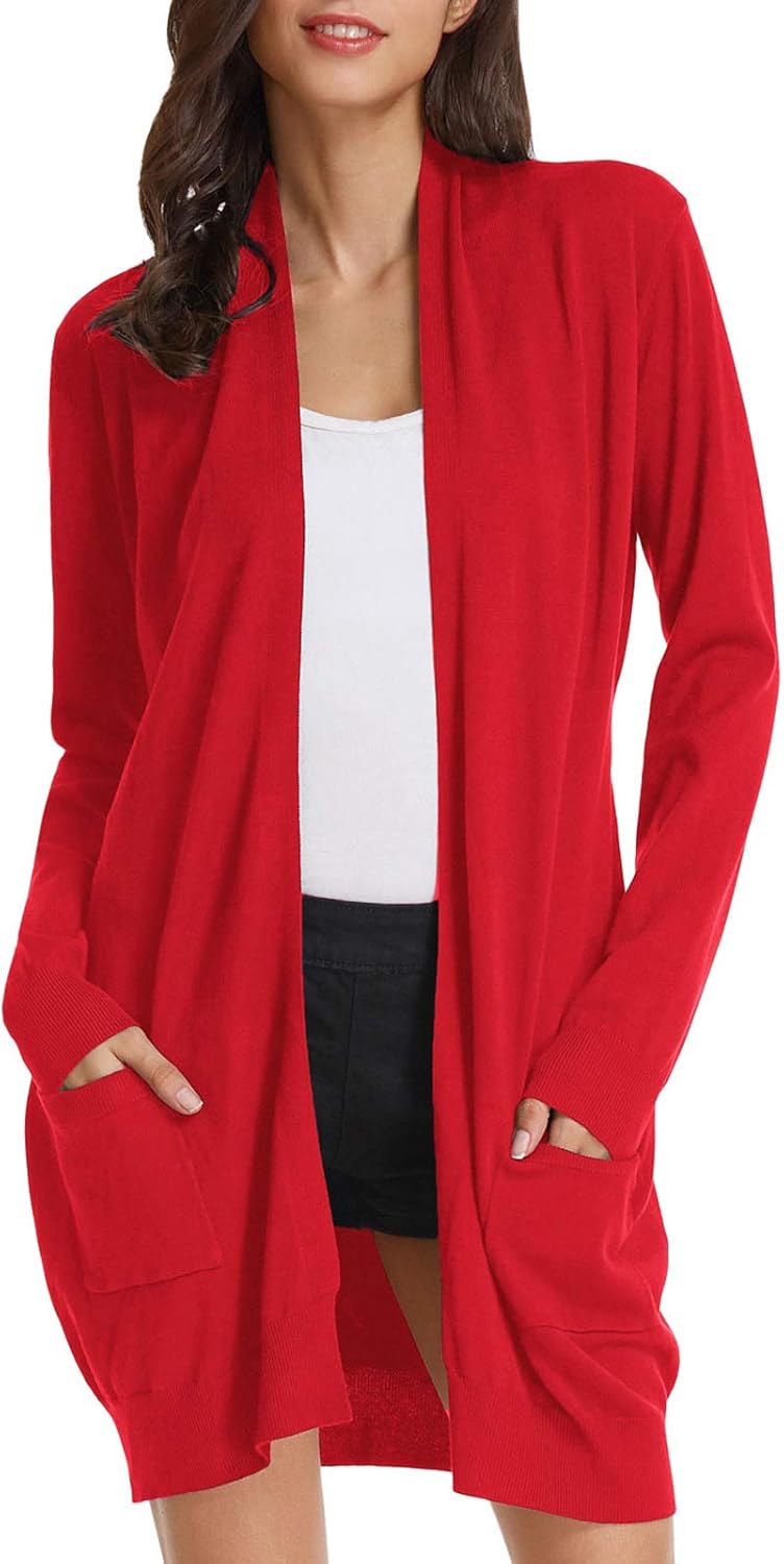 GRACE KARIN Women's Long Cardigan Sweater Open Front Classic Knitted Lightweight Sweater with Pockets