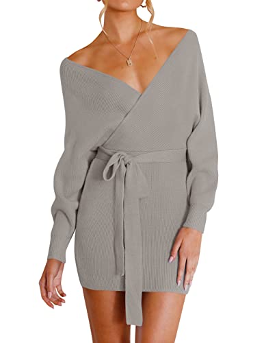 ZESICA Women's Fall Long Batwing Sleeve Wrap V Neck Knitted Backless Bodycon Pullover Sweater Dress with Belt