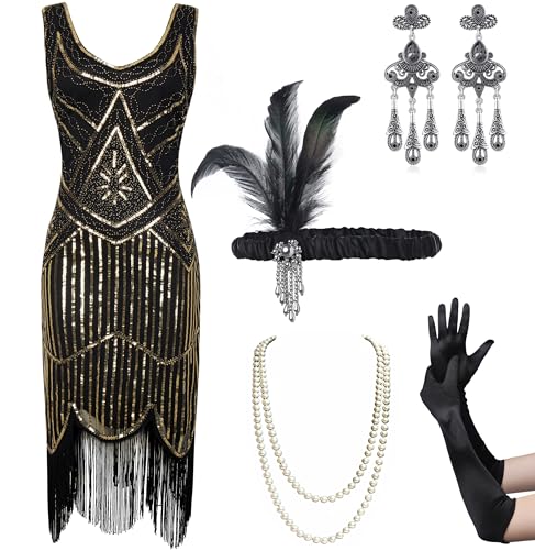 Coucoland Womens 1920s Flapper Sequin Beads Dress with Roaring 20s Gatsby Accessories Set for Party