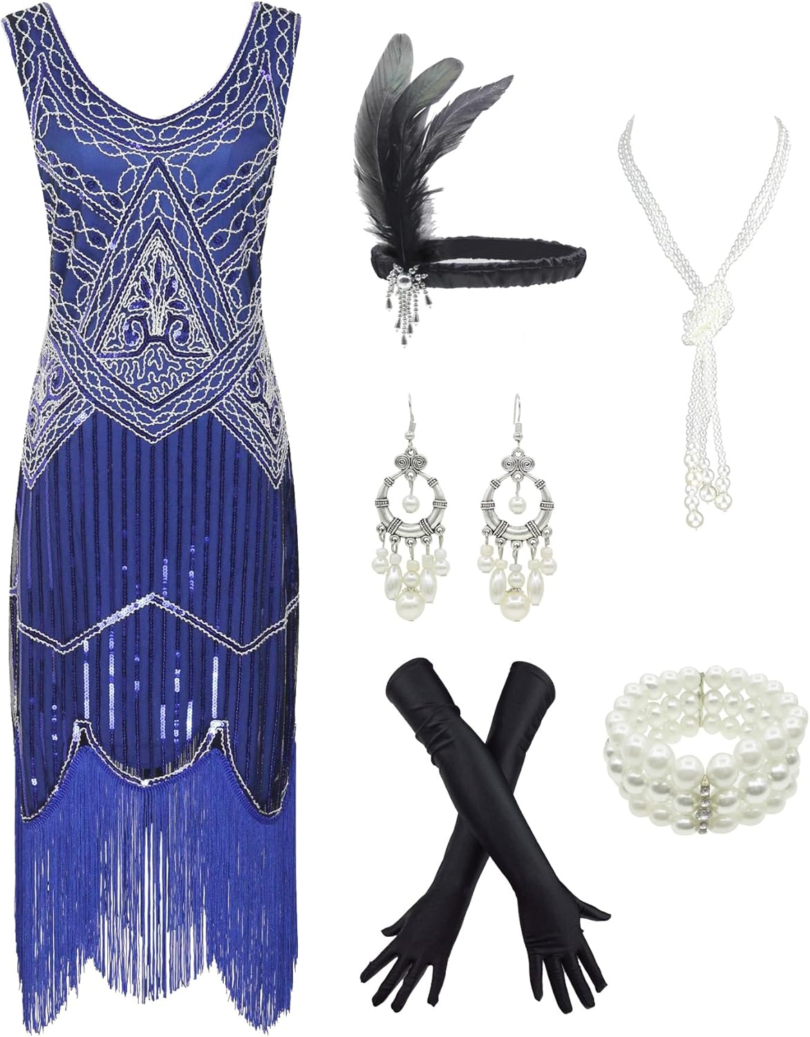 1920s Gatsby Sequin Fringed Paisley Flapper Dress with 20s Accessories Set