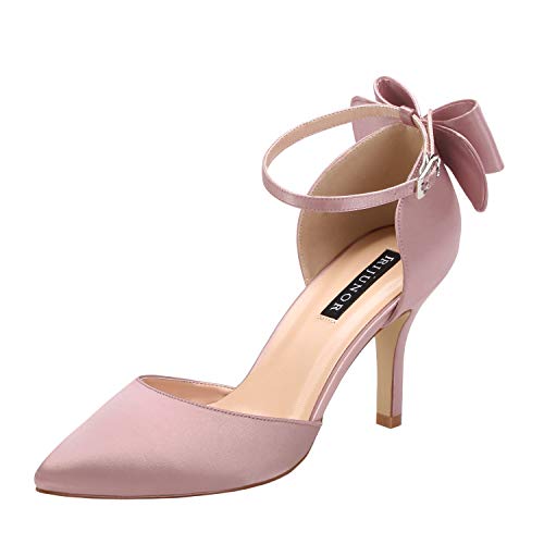 ERIJUNOR Wedding Evening Party Shoes Comfortable Mid Heels Pumps with Bow Knot Ankle Strap Wide Width Satin Shoes