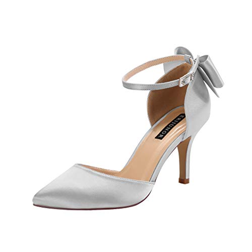 ERIJUNOR Wedding Evening Party Shoes Comfortable Mid Heels Pumps with Bow Knot Ankle Strap Wide Width Satin Shoes