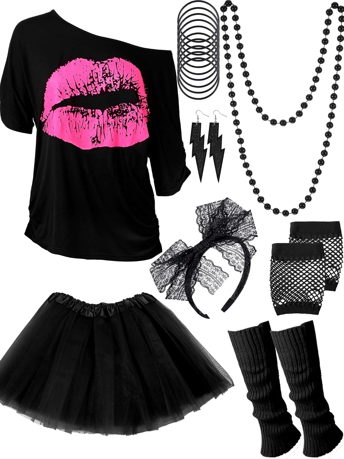80s Outfit Costume Accessories for Women Neon T Shirt Tutu Skirt for Halloween