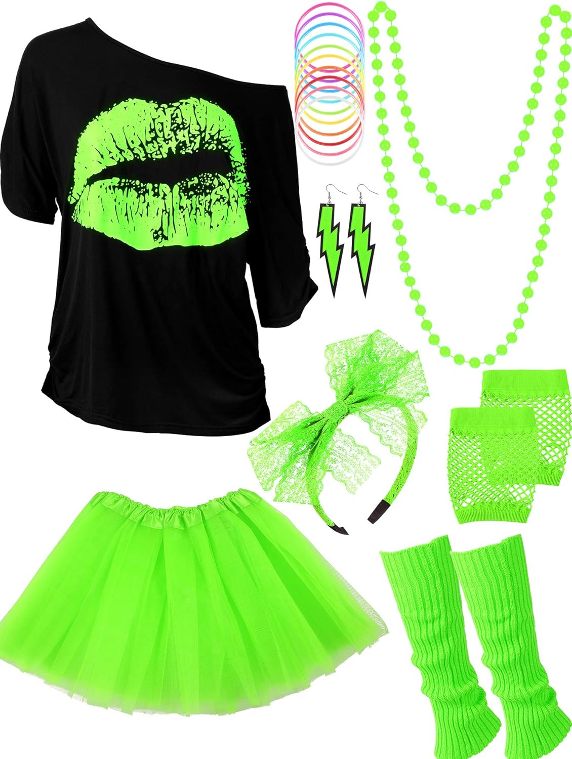 80s Outfit Costume Accessories for Women Neon T Shirt Tutu Skirt for Halloween