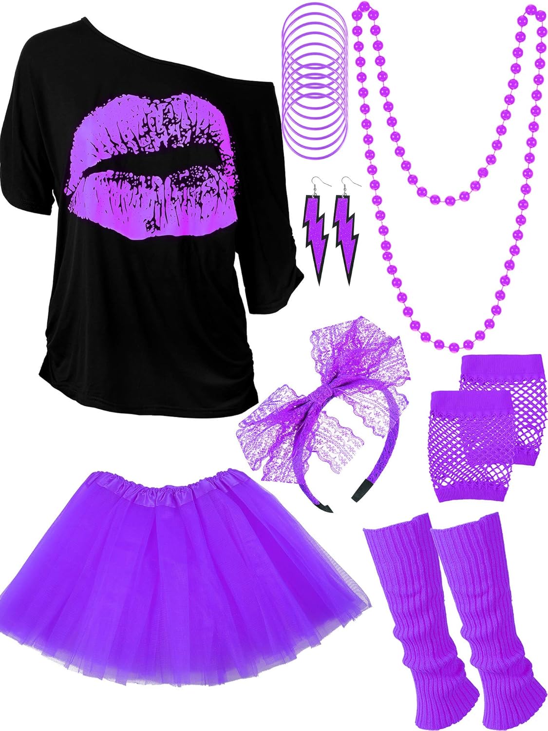 80s Outfit Costume Accessories for Women Neon T Shirt Tutu Skirt for Halloween