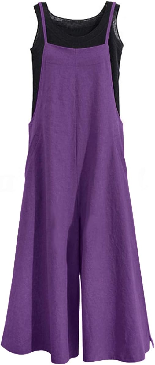 YESNO Women Casual Loose Long Bib Pants Wide Leg Jumpsuits Baggy Cotton Rompers Overalls with Pockets PZZTYP2