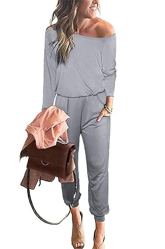 PRETTYGARDEN Jumpsuits for Women Dressy 2025 Fall Long Sleeve Off Shoulder Elastic Waist Rompers One Piece Travel Outfits