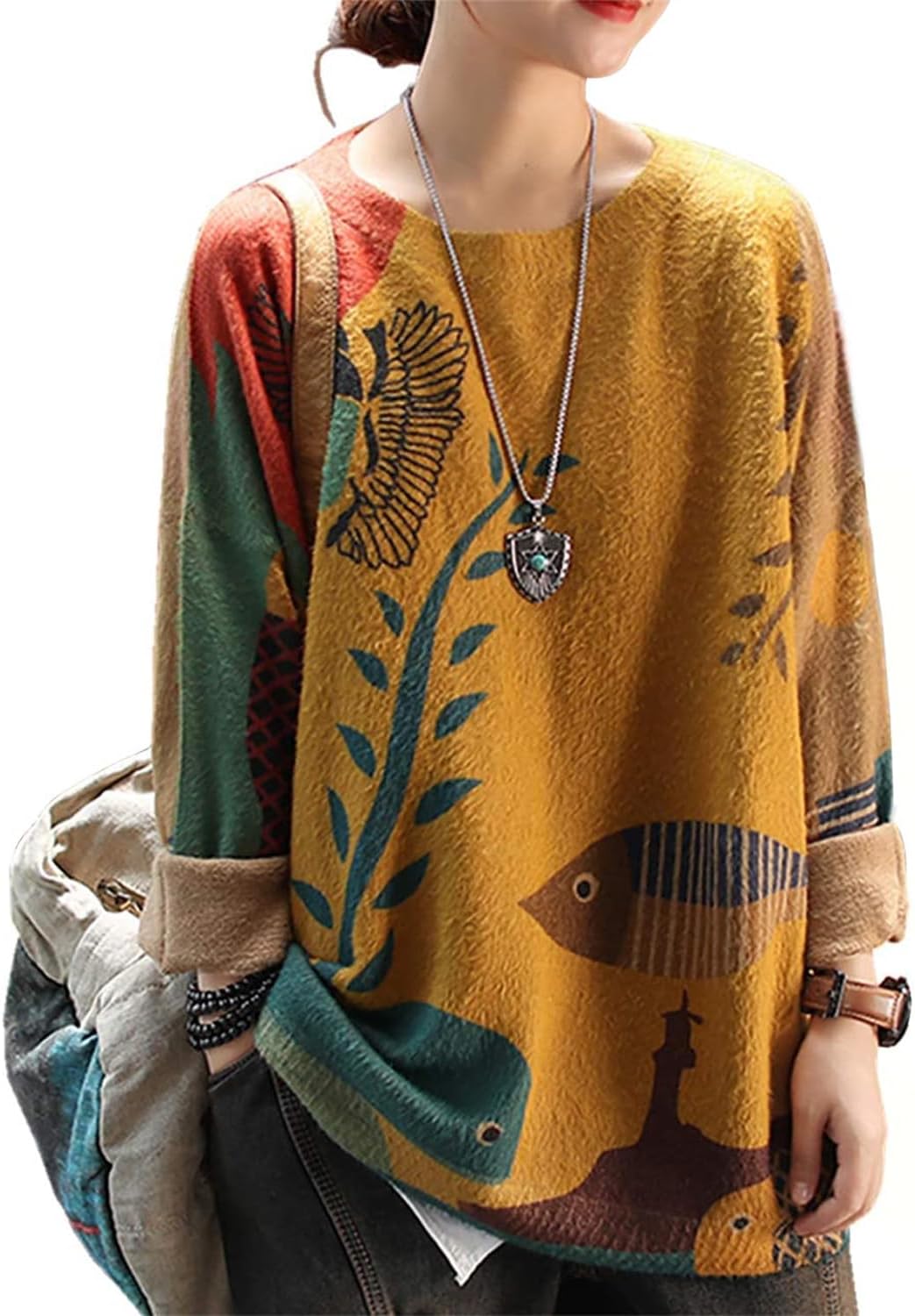 YESNO Women Christmas Sweater Graphic Printed Oversized Pullover Pullover S01