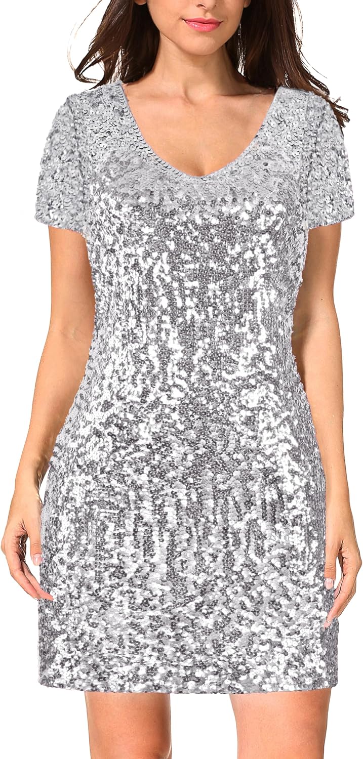 MANER Women's Sequin Glitter Short Sleeve Dress Sexy V Neck Mini Party Club Bodycon Dresses