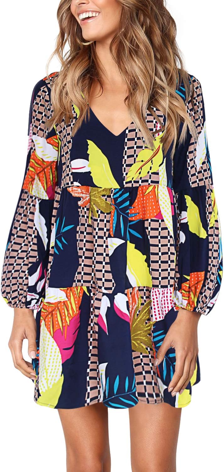 Amoretu Womens Tunic Dress Long Sleeve V Neck Casual Loose Flowy Swing Shift Dresses