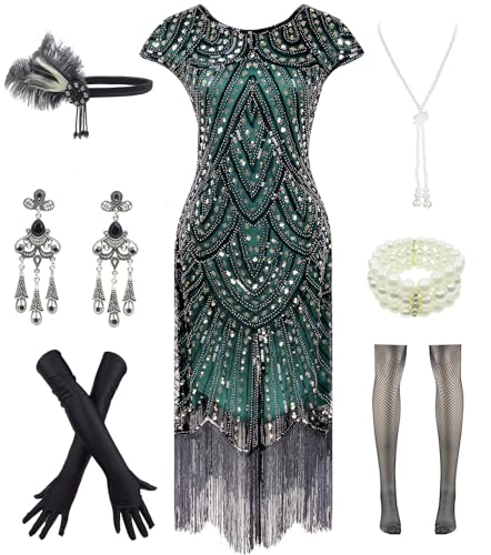 Letter Love Womens Vintage Lace Fringed Gatsby 1920s Cocktail Dress with 20s Accessories Set