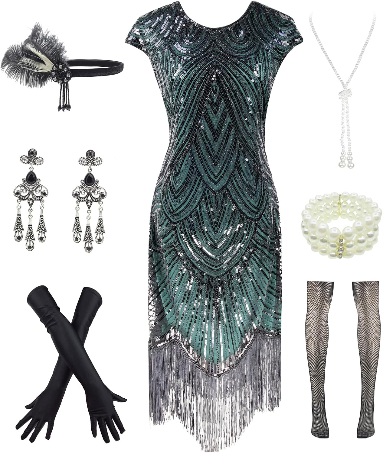 Letter Love Womens Vintage Lace Fringed Gatsby 1920s Cocktail Dress with 20s Accessories Set