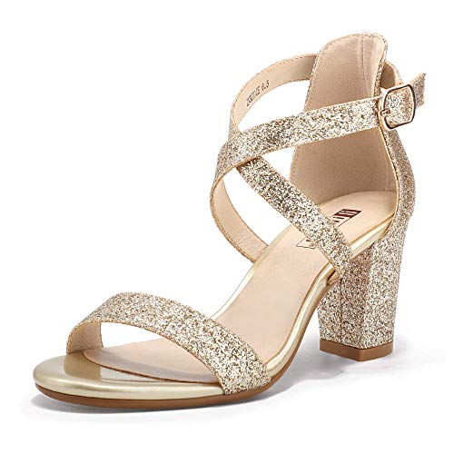 IDIFU Women's IN3 Grace Strappy Block Heels Sandals Comfy Open Toe Chunky Dress Wedding Shoes with Adjustable Cross Strap