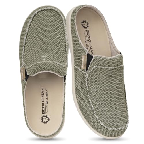Mens Slippers with Arch Support, Canvas House Slipper for Men with Velvet Lining, Slip On Clog, Indoor Outdoor House Shoes with Anti-Skid Rubber Sole