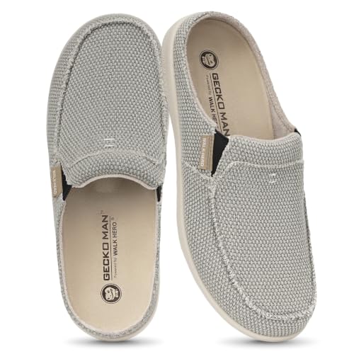 Mens Slippers with Arch Support, Canvas House Slipper for Men with Velvet Lining, Slip On Clog, Indoor Outdoor House Shoes with Anti-Skid Rubber Sole