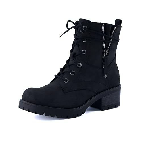 Dunes Women's Kobe Heeled Combat Boots  Lace-Up with Side Zipper, Memory Foam Insoles, Faux Fur Lining, Vegan Nubuck Leather, Wide Widths Available