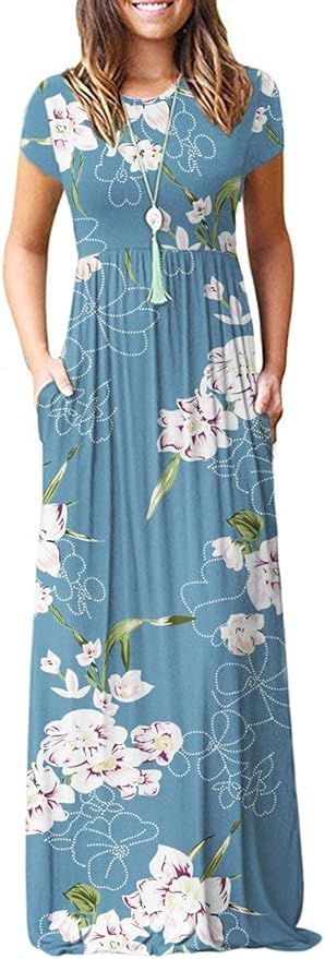 AUSELILY Women Short Sleeve Loose Plain Casual Long Maxi Dresses with Pockets