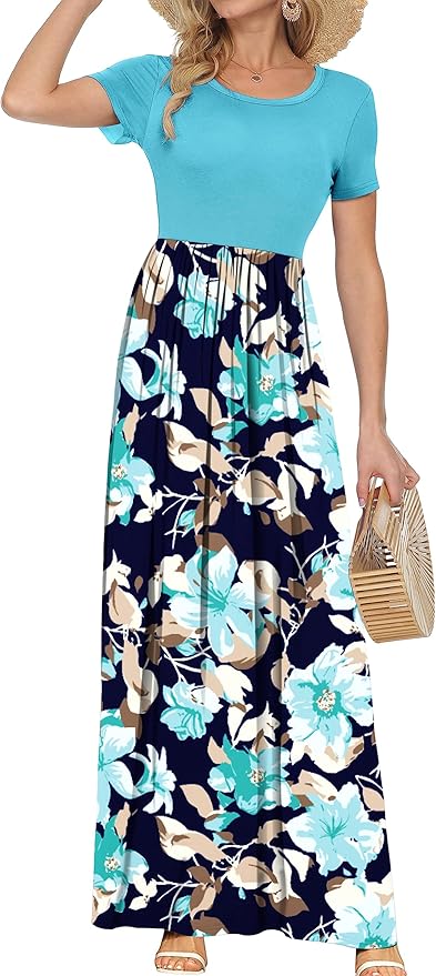 AUSELILY Women Short Sleeve Loose Plain Casual Long Maxi Dresses with Pockets