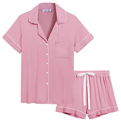 Joyaria Womens Cooling Bambo Viscose Pajamas Short Sleeve Button Down Pj Shorts Set Ultra Soft Summer Sleepwear-Small-XXL