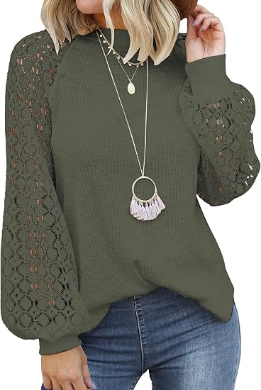MIHOLL Womens Long Sleeve Tops Lace Casual Loose Blouses T Shirts