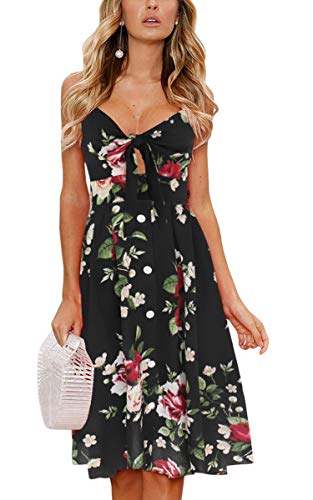 ECOWISH Women Dresses Summer Tie Front V-Neck Spaghetti Strap Button Down A-Line Backless Swing Midi Dress