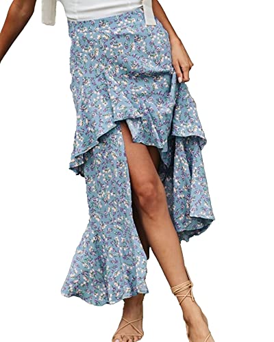 BTFBM Women 2023 Summer Spring Boho Long Skirts Dress Floral Print Elastic Waist Split Ruffle High Low Beach Maxi Skirt