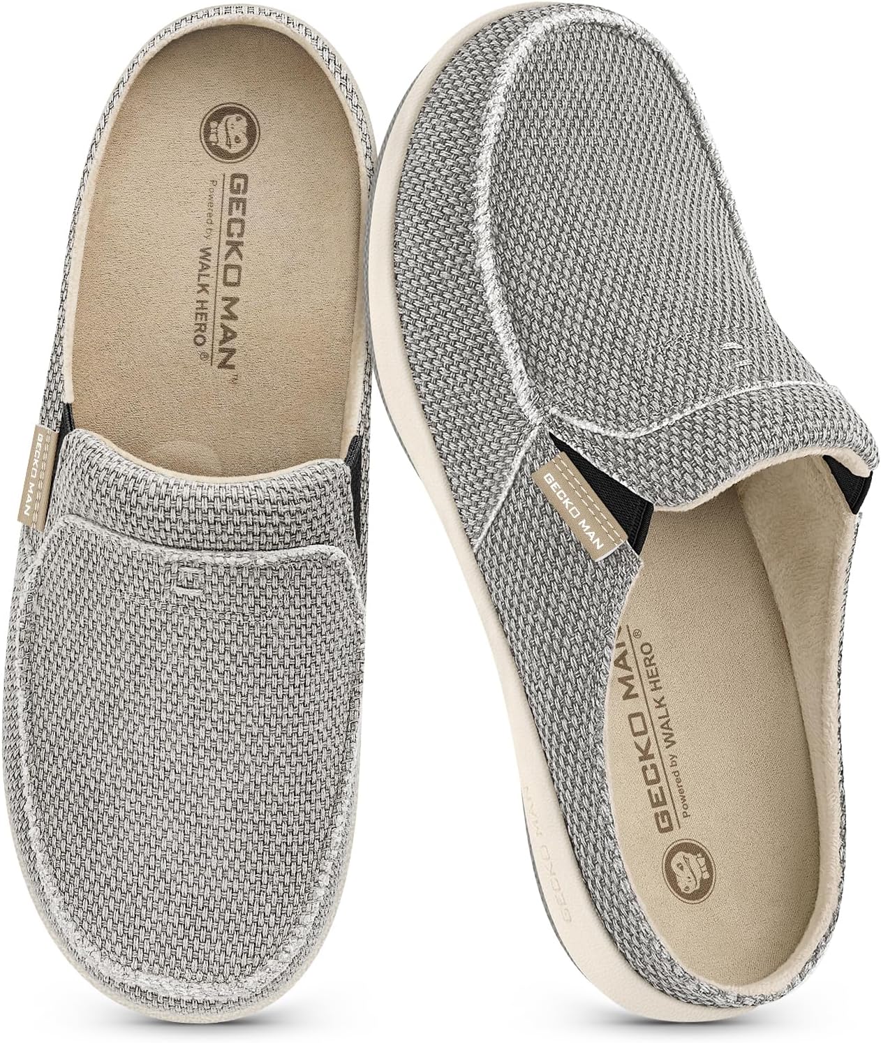 Mens Slippers with Arch Support, Canvas House Slipper for Men with Velvet Lining, Slip On Clog, Indoor Outdoor House Shoes with Anti-Skid Rubber Sole