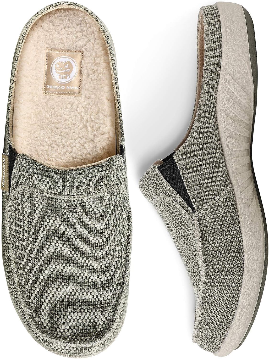 Mens Slippers with Arch Support, Canvas House Slipper for Men with Velvet Lining, Slip On Clog, Indoor Outdoor House Shoes with Anti-Skid Rubber Sole