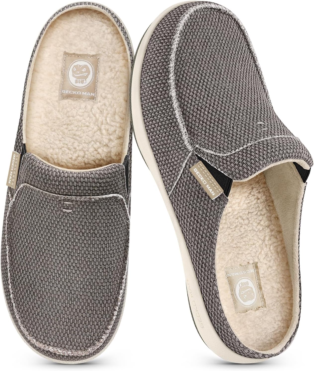 Mens Slippers with Arch Support, Canvas House Slipper for Men with Velvet Lining, Slip On Clog, Indoor Outdoor House Shoes with Anti-Skid Rubber Sole