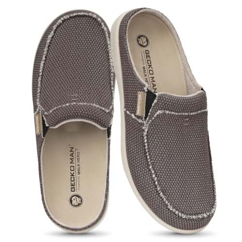 Mens Slippers with Arch Support, Canvas House Slipper for Men with Velvet Lining, Slip On Clog, Indoor Outdoor House Shoes with Anti-Skid Rubber Sole