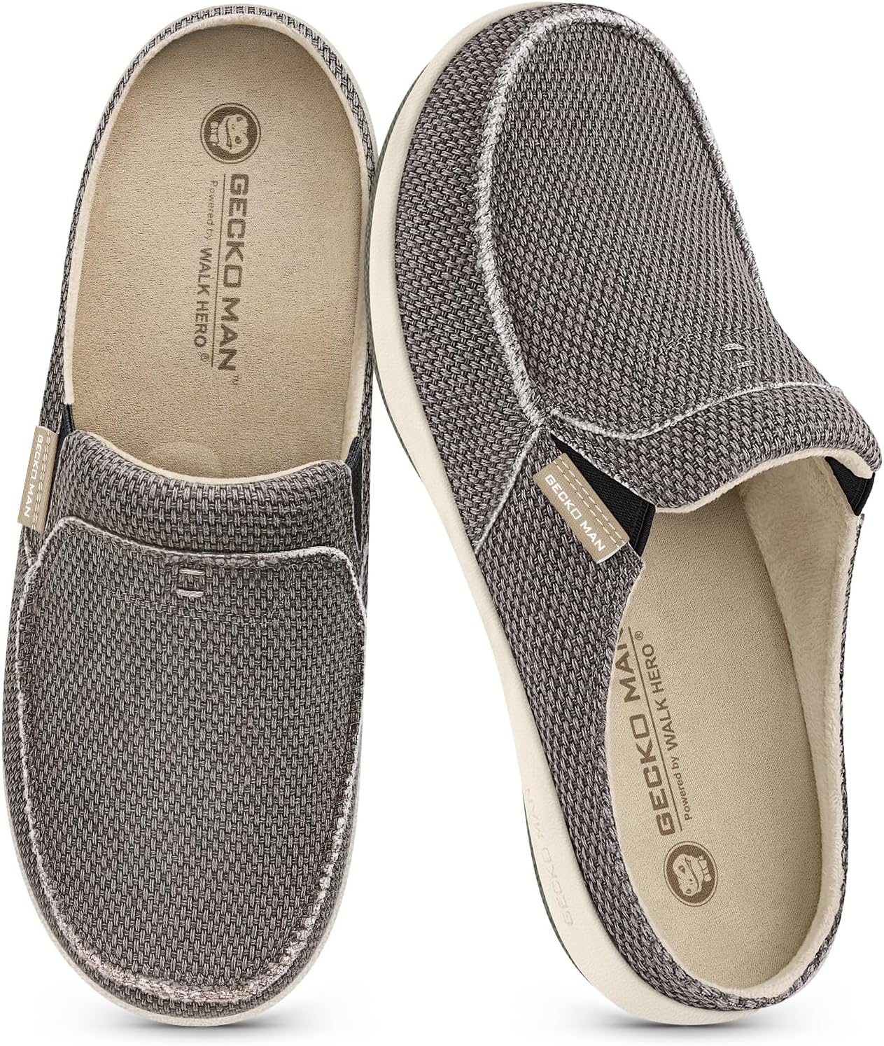 Mens Slippers with Arch Support, Canvas House Slipper for Men with Velvet Lining, Slip On Clog, Indoor Outdoor House Shoes with Anti-Skid Rubber Sole