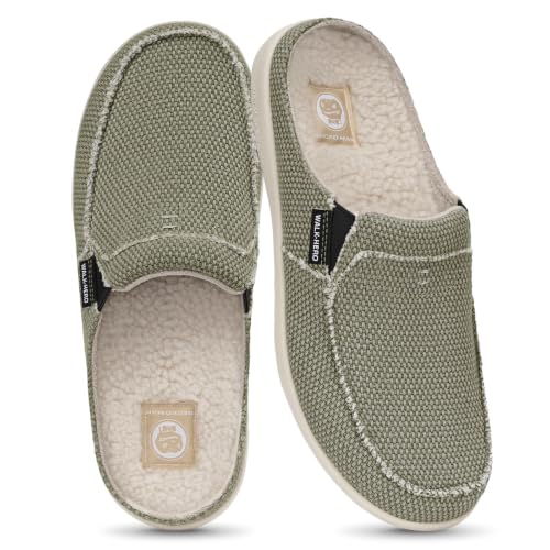Mens Slippers with Arch Support, Canvas House Slipper for Men with Velvet Lining, Slip On Clog, Indoor Outdoor House Shoes with Anti-Skid Rubber Sole